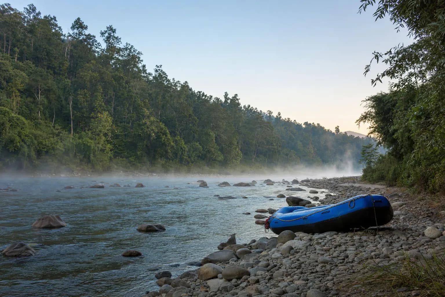 Morning mist over a calm forest river at the edge of Nameri