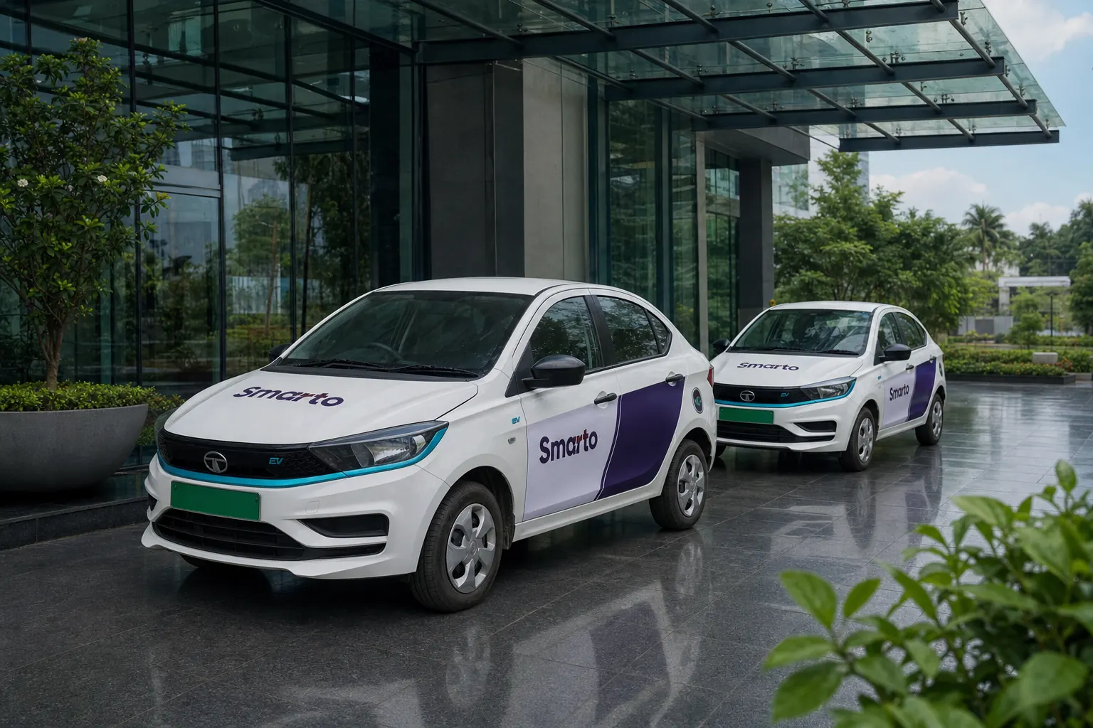 Smarto electric cabs arriving at the glass porch of a modern office on a bright morning