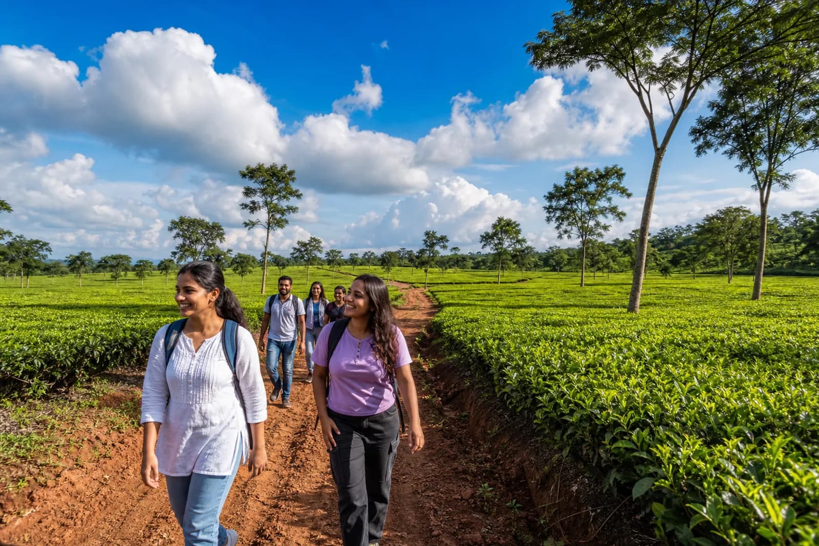 Bright green rows of tea bushes stretching to the horizon under a blue sky with tall white clouds