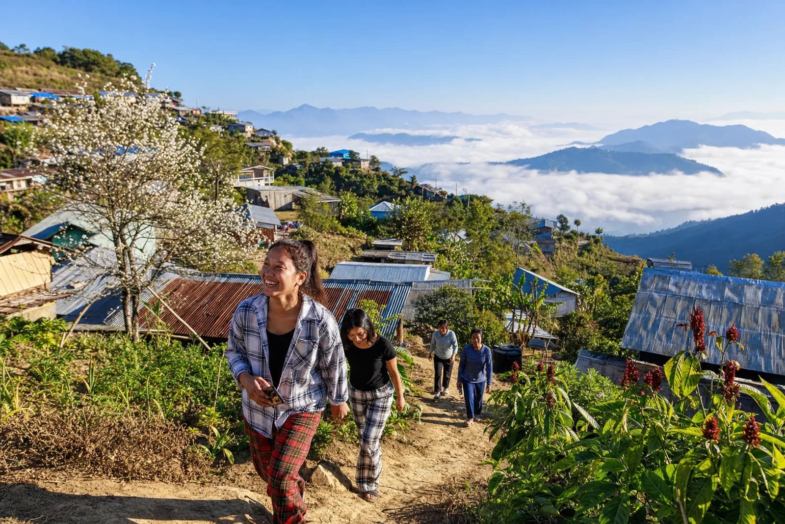 A hillside village in the Naga hills catching morning sun above a valley filled with white cloud