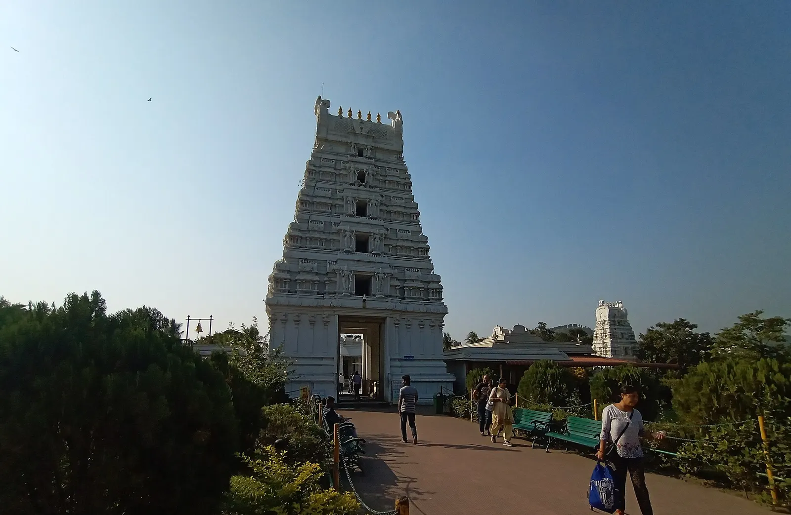 The white South Indian style towers of the Balaji Temple in Betkuchi, Guwahati