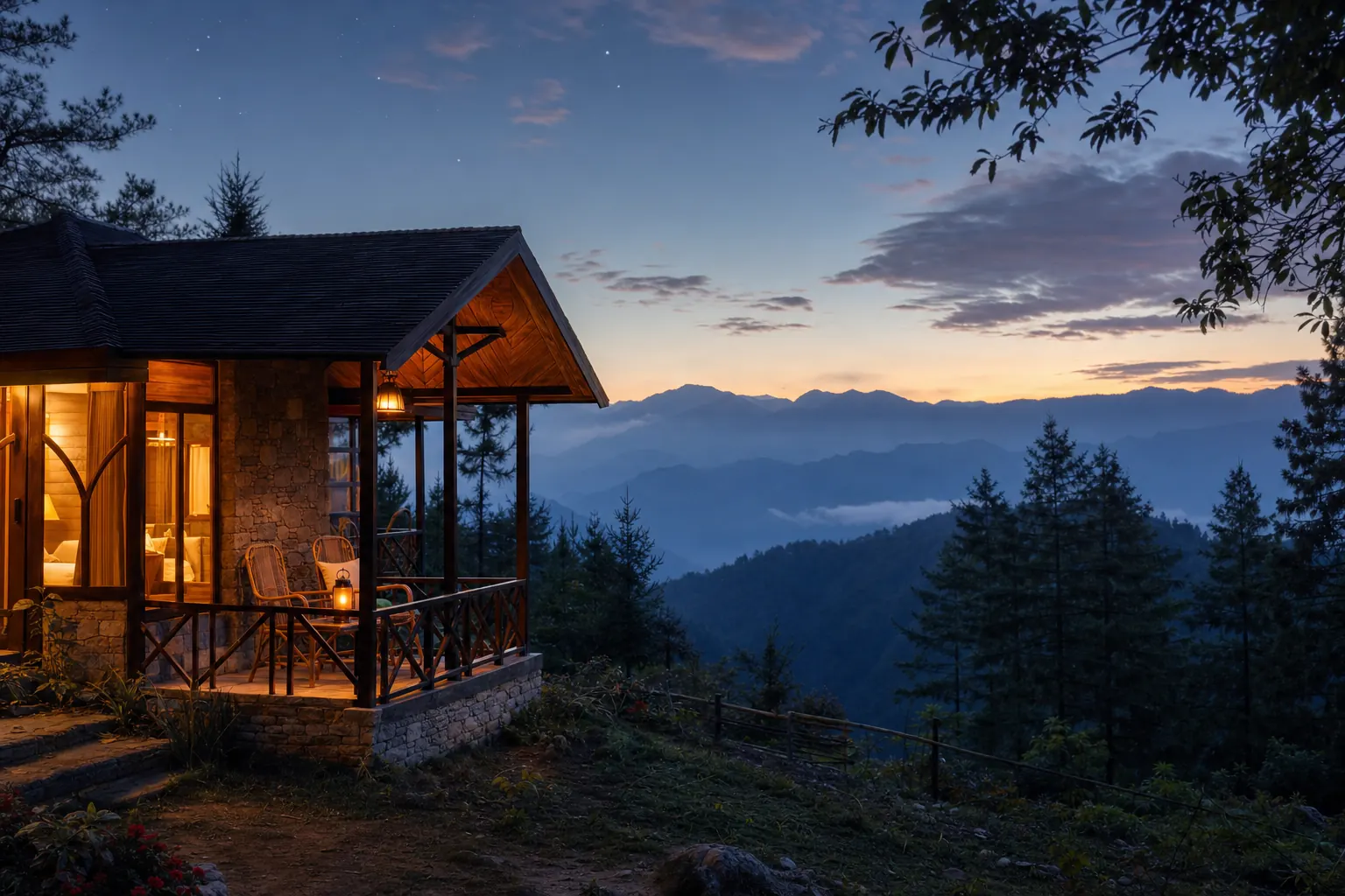 A lamplit mountain cottage at dusk among pines and misty ridges