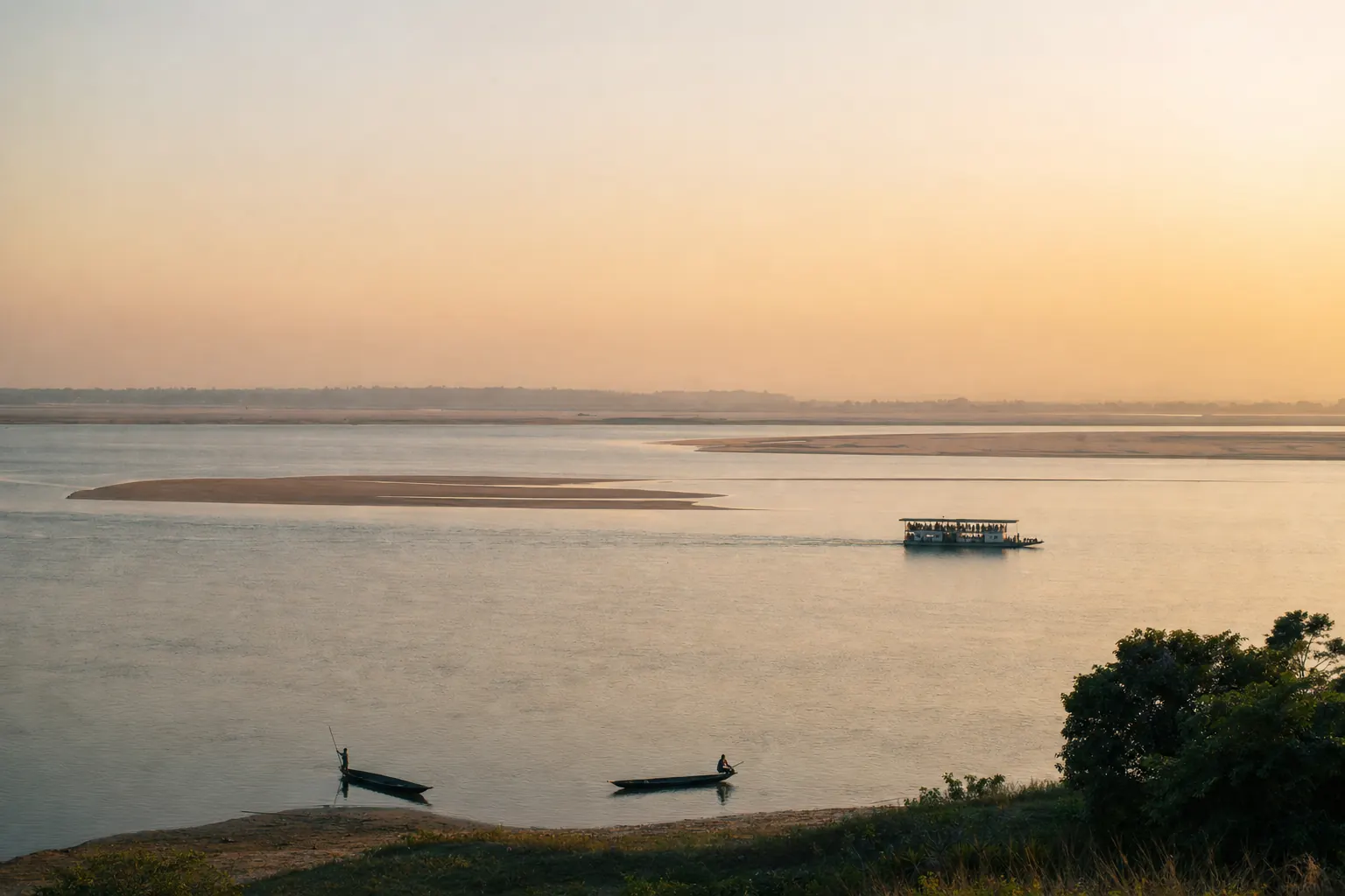 The braided sandbars of the Brahmaputra at golden hour