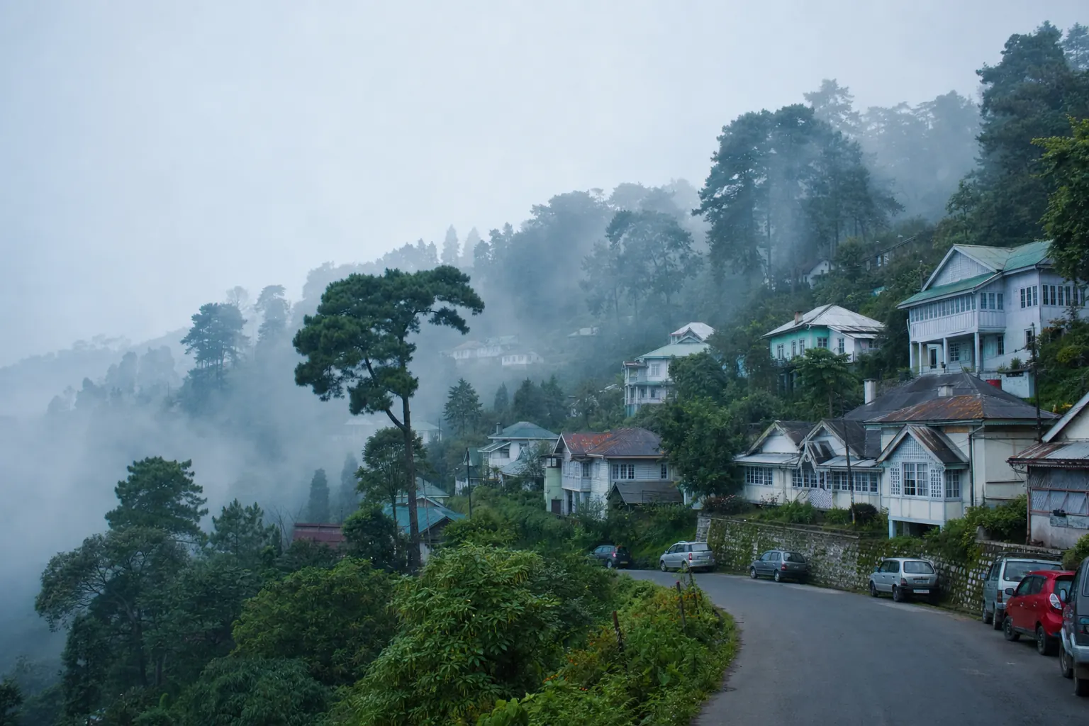 Tin-roofed cottages among the pines of Shillong in morning mist