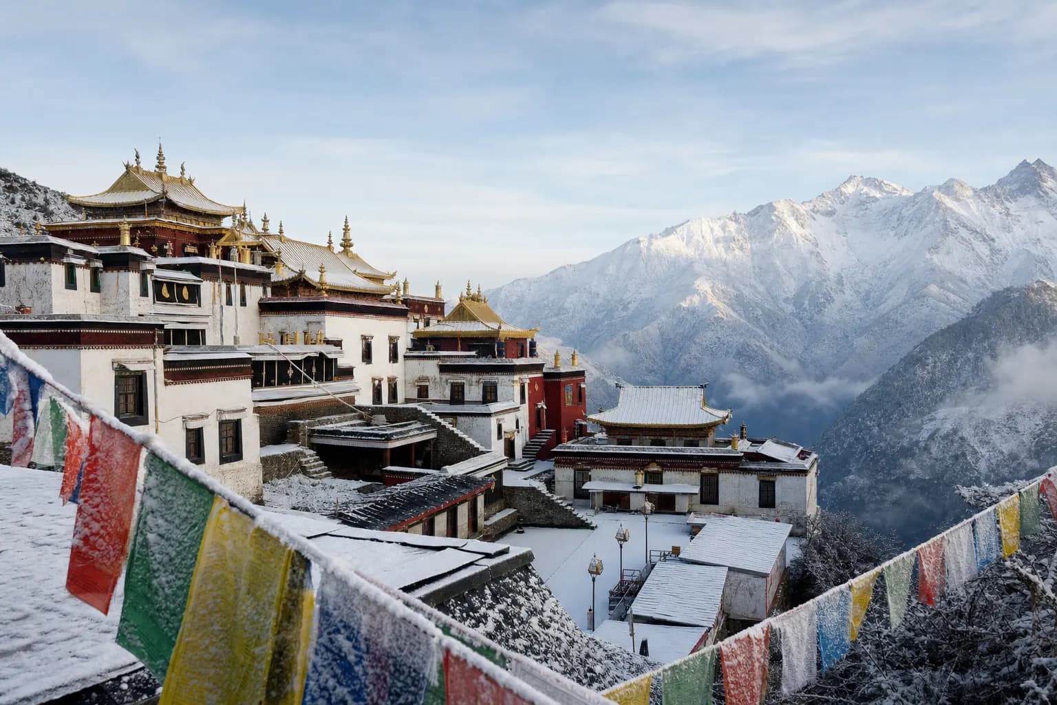A whitewashed Buddhist monastery with golden roofs on a snow-dusted Himalayan ridge