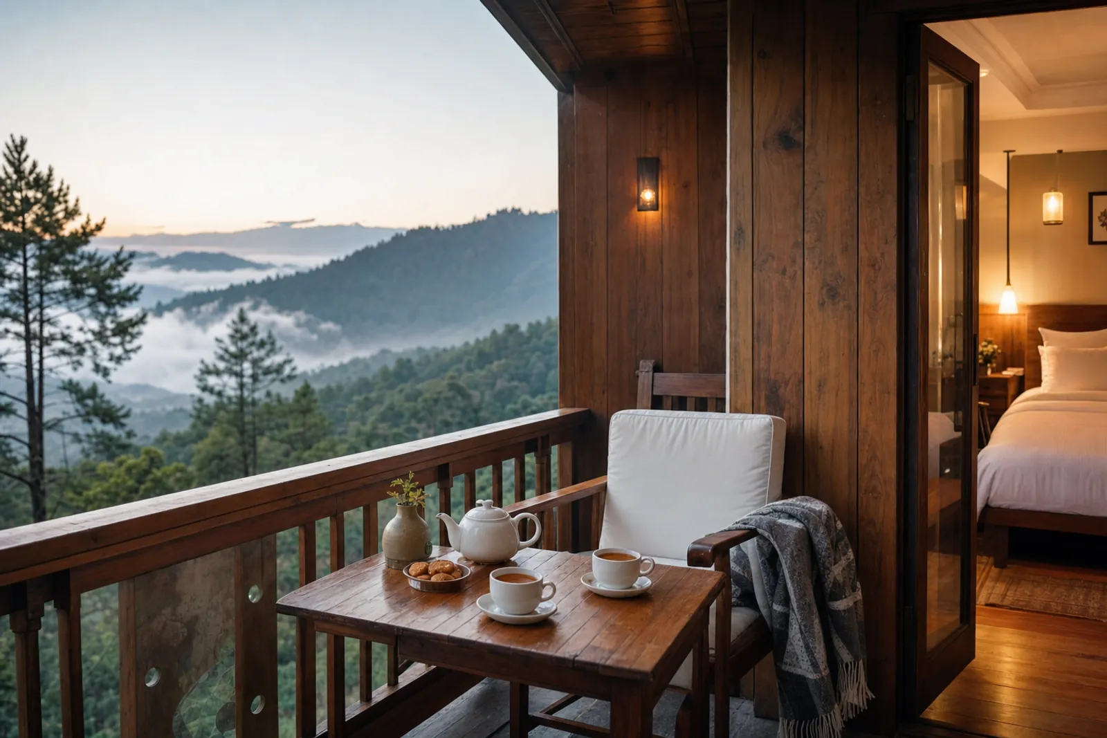 A hotel balcony at dawn with tea on a small table, looking over misty pine hills