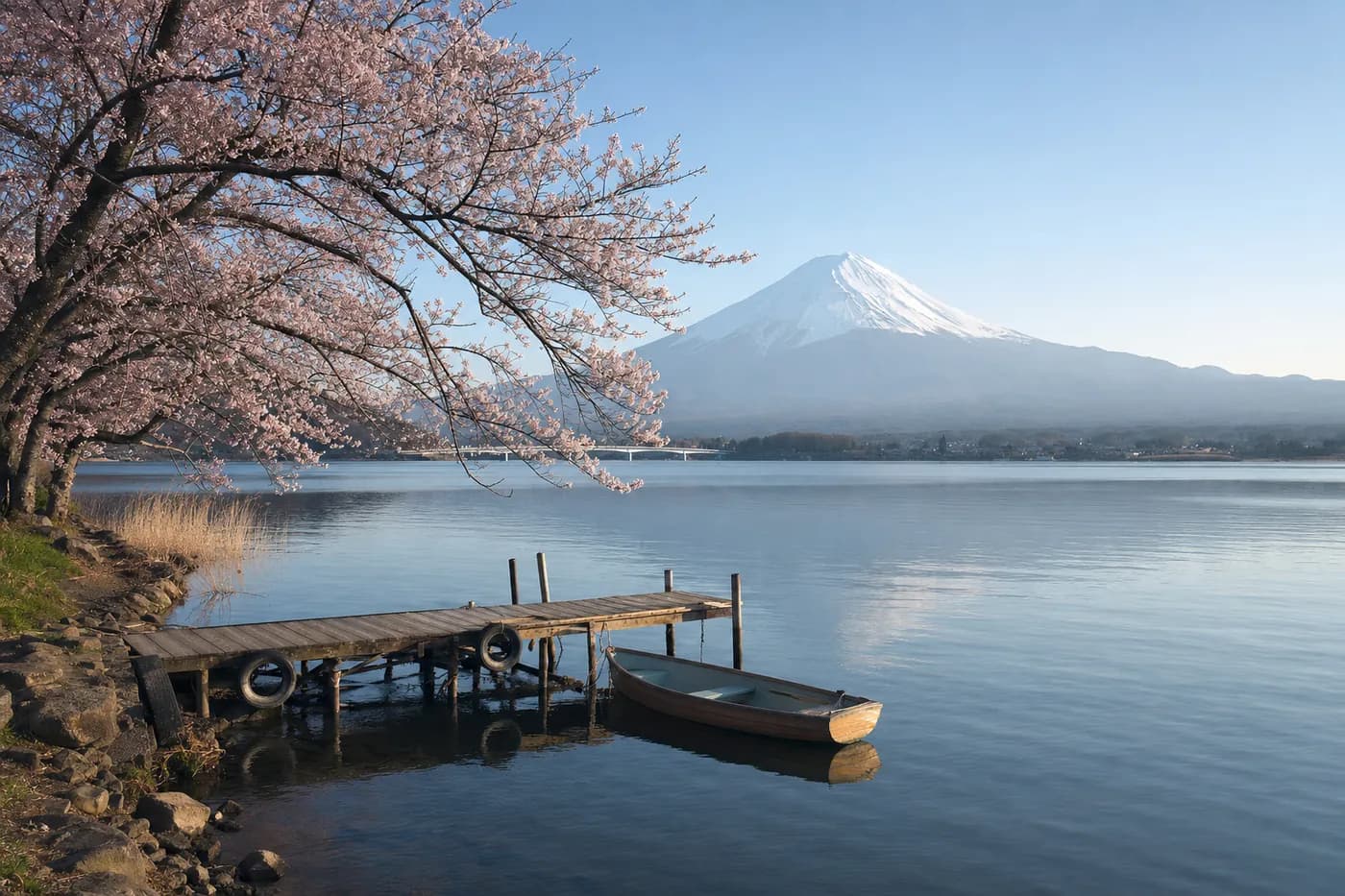 Mount Fuji across a calm lake with cherry blossom