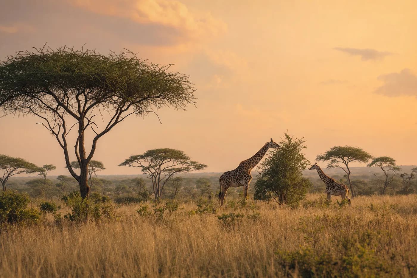 An African savanna at golden hour with acacia trees and giraffes