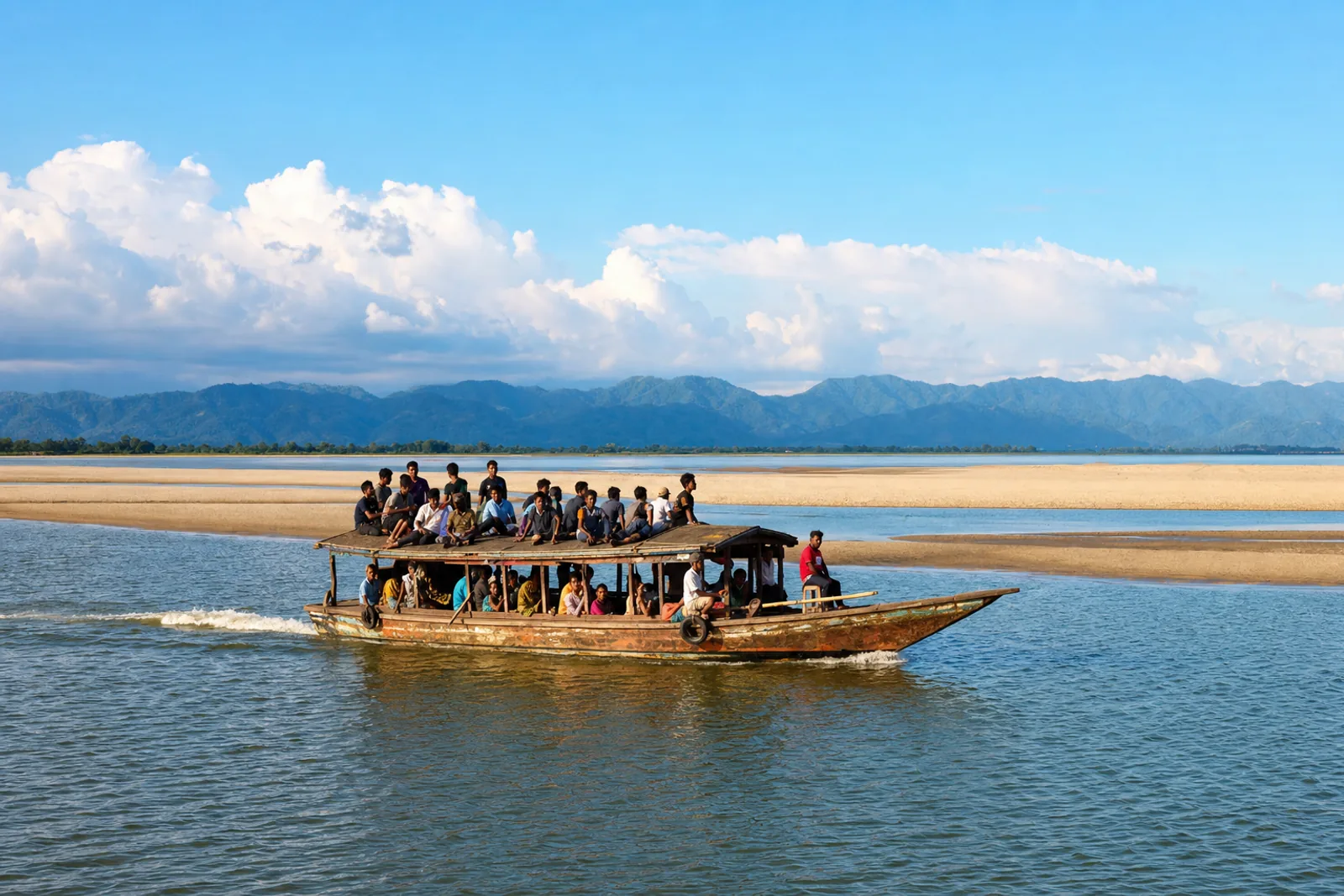 A wide sunlit river in Assam with golden sandbanks and a small passenger ferry crossing